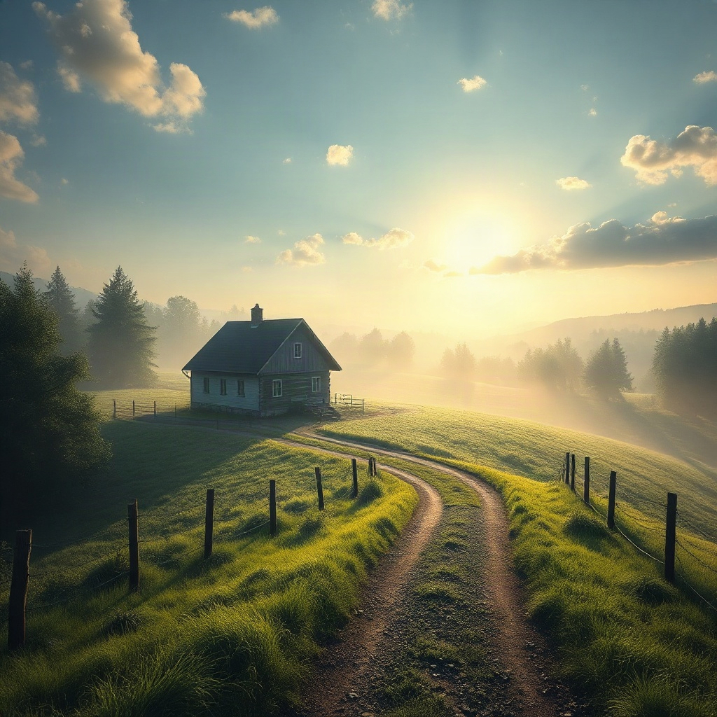 AI generated pastoral farmhouse with morning mist